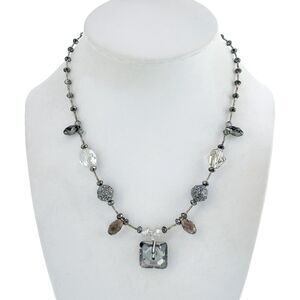Vintage Artisan Sterling Silver Faceted Glass Beaded Heart Toggle Necklace 16"
